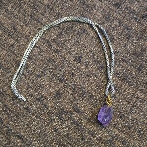 Vintage Monet Silver Tone Necklace with Purple Crystal Amthyst? Pendant